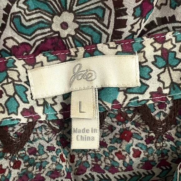 JOIE Womens 100% Silk Blouse Tunic L Colorful Printed V-Neck Sheer Boho Peasant - Picture 6 of 8